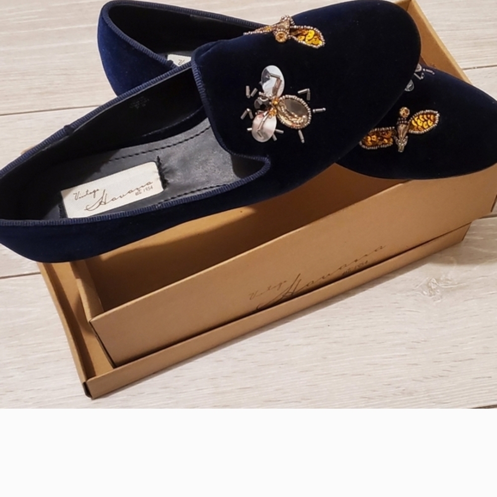 Navy Velvet Loafers with Embellished Insects